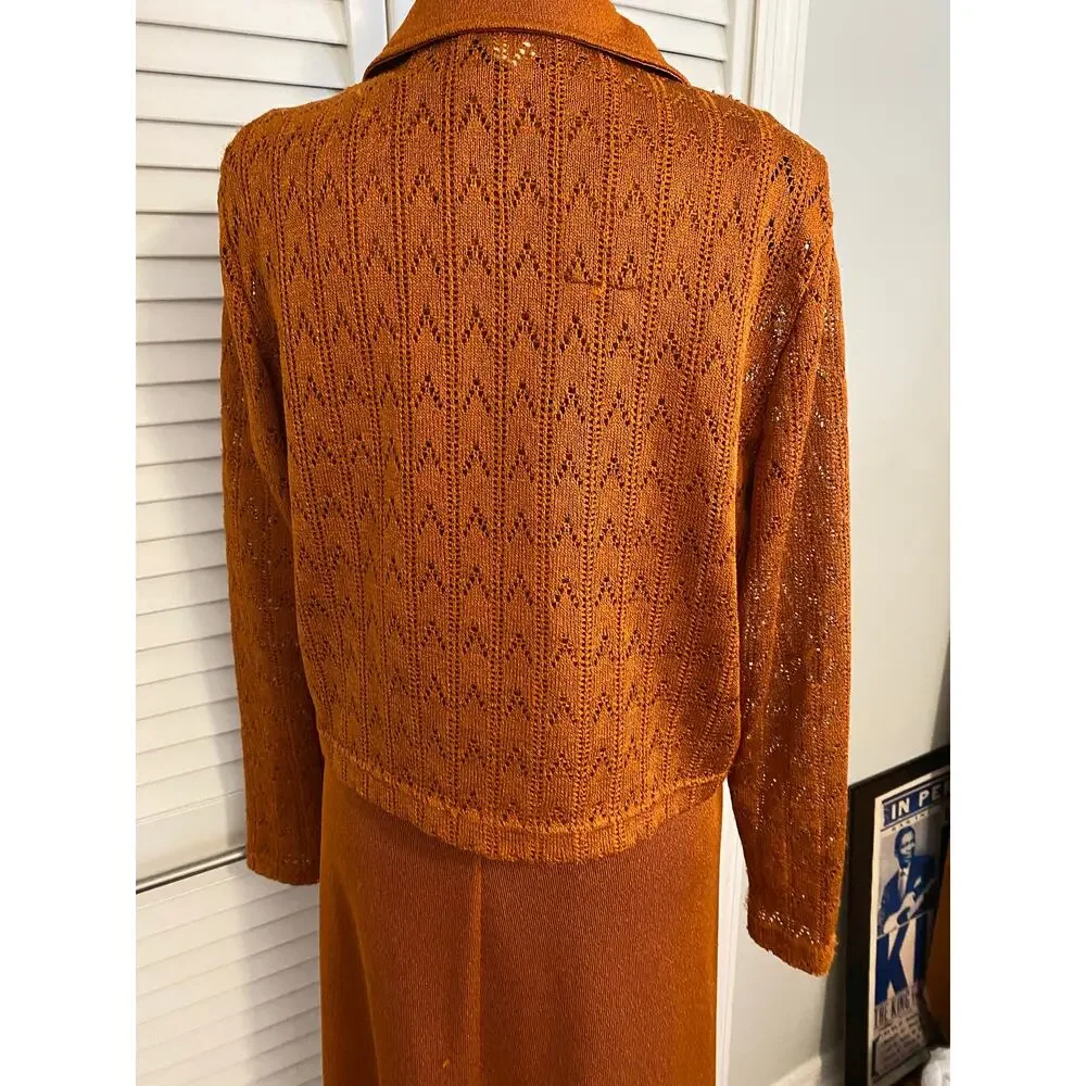Citi‎ Dress Vintage 90s Burnt Orange Pointelle Knit Maxi Dress & Cardigan Set 10